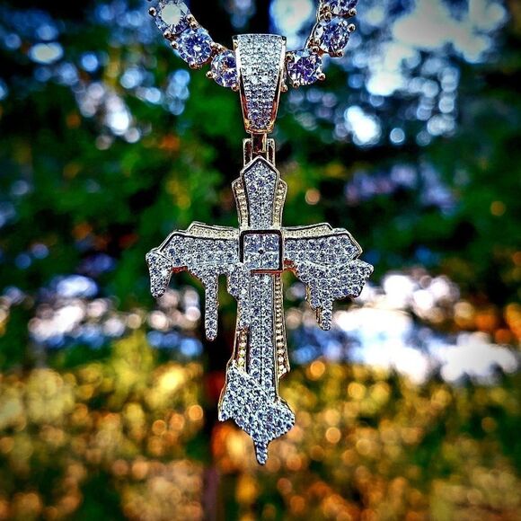 Simulated Diamond Drip Cross Pendant - Picture 1 of 3